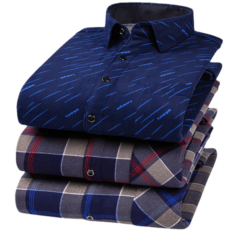 Autumn and Winter Fleece-Lined Lapel Plaid Shirt Thickened Long-Sleeved Pattern Velvet Padded Shirt Men&#039;s Casual Simple Cardigan Shirt