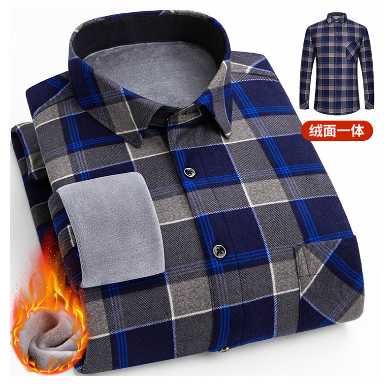 Autumn and Winter Fleece-Lined Lapel Plaid Shirt Thickened Long-Sleeved Pattern Velvet Padded Shirt Men's Casual Simple Cardigan Shirt