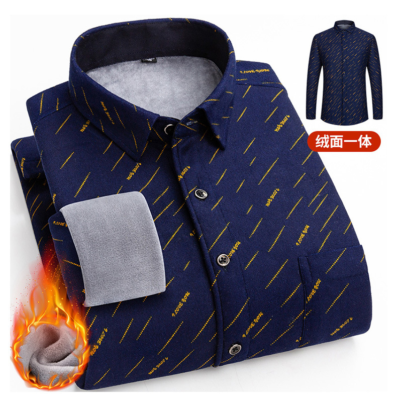 Autumn and Winter Fleece-Lined Lapel Plaid Shirt Thickened Long-Sleeved Pattern Velvet Padded Shirt Men's Casual Simple Cardigan Shirt