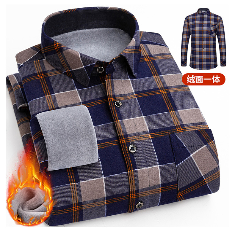 Autumn and Winter Fleece-Lined Lapel Plaid Shirt Thickened Long-Sleeved Pattern Velvet Padded Shirt Men's Casual Simple Cardigan Shirt