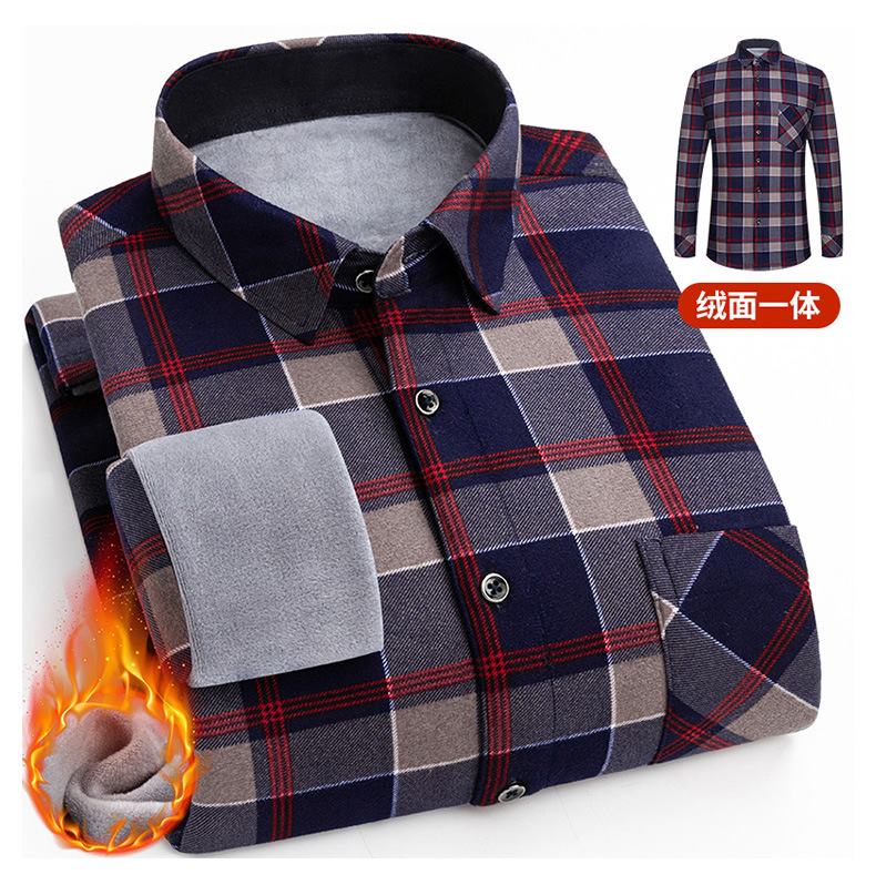 Autumn and Winter Fleece-Lined Lapel Plaid Shirt Thickened Long-Sleeved Pattern Velvet Padded Shirt Men's Casual Simple Cardigan Shirt