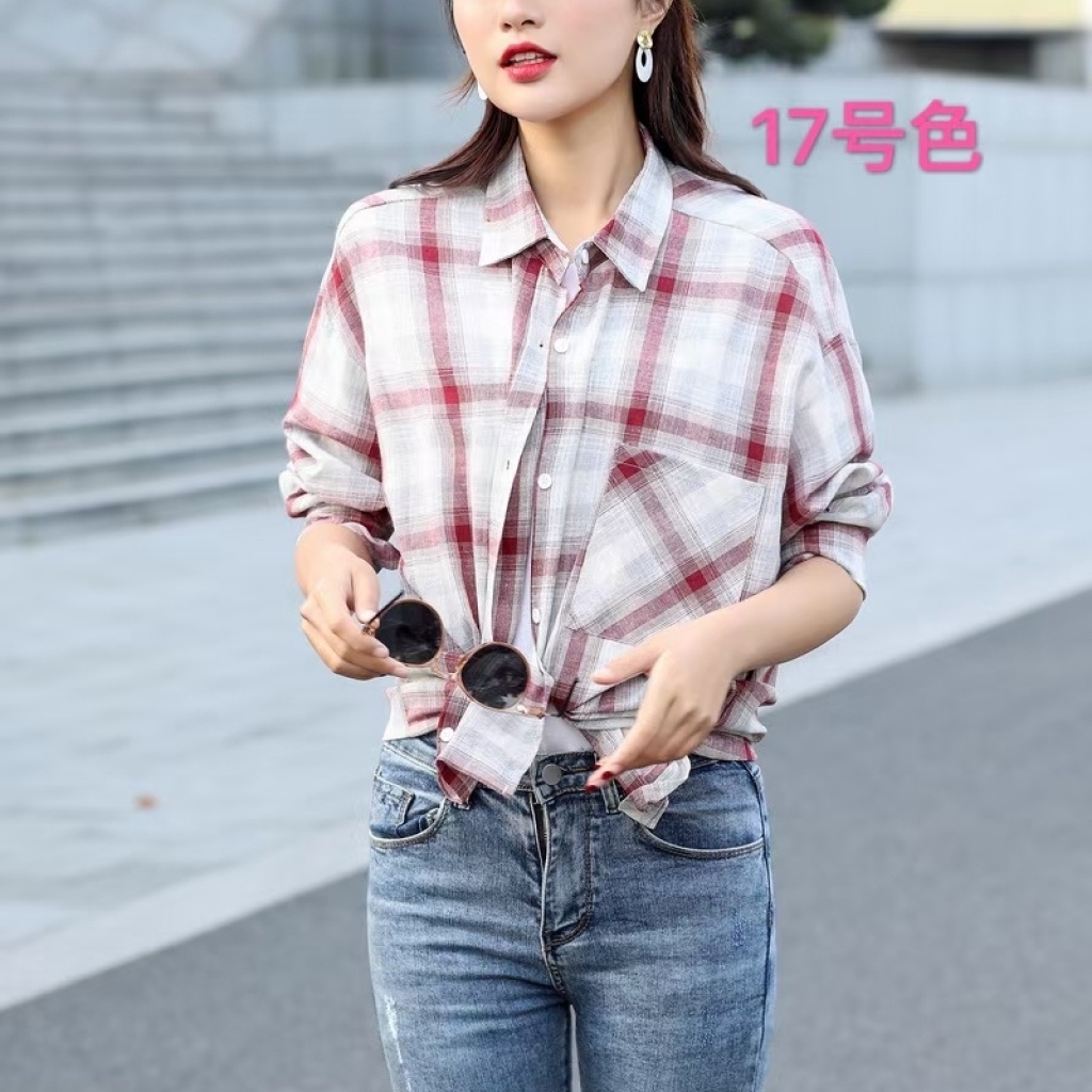 2021new Cotton Linen Plaid Blouse, Korean Style Loose Fashion