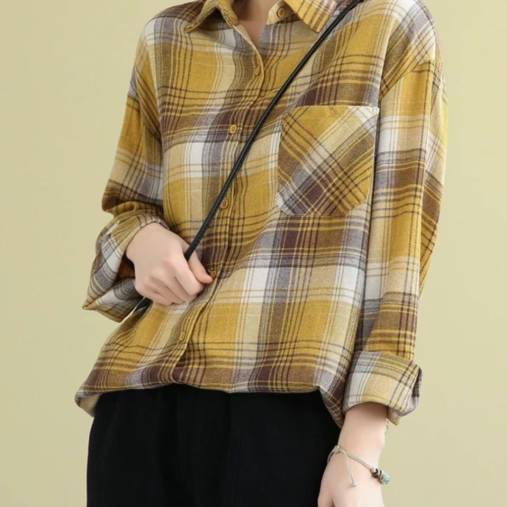 2021new Cotton Linen Plaid Blouse, Korean Style Loose Fashion