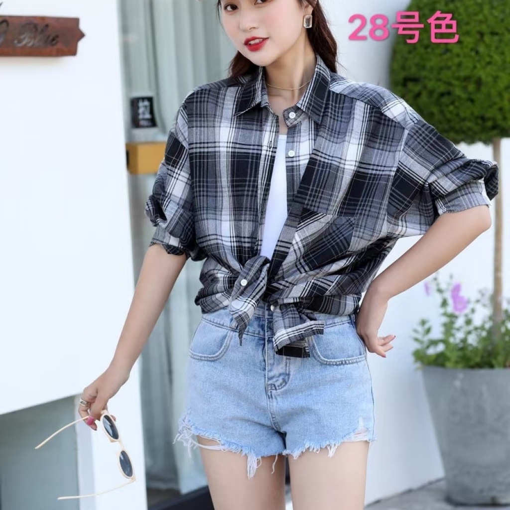 2021new Cotton Linen Plaid Blouse, Korean Style Loose Fashion