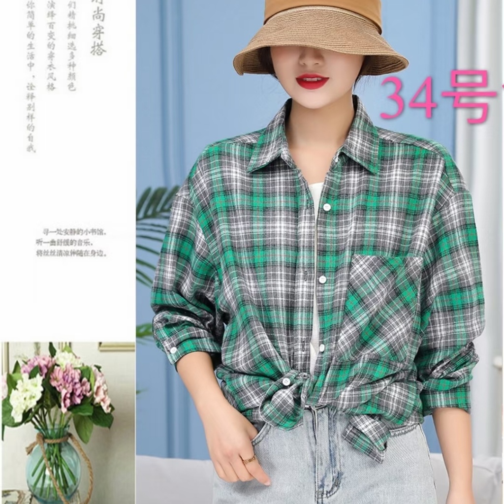 2021new Cotton Linen Plaid Blouse, Korean Style Loose Fashion