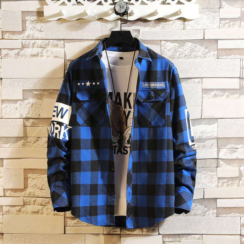 Youth Men&#039;s Clothing Wholesale Plaid Shirt Men&#039;s Long-Sleeve Shirt Men&#039;s Leisure Hong Kong Style Fashionable Print Shirt