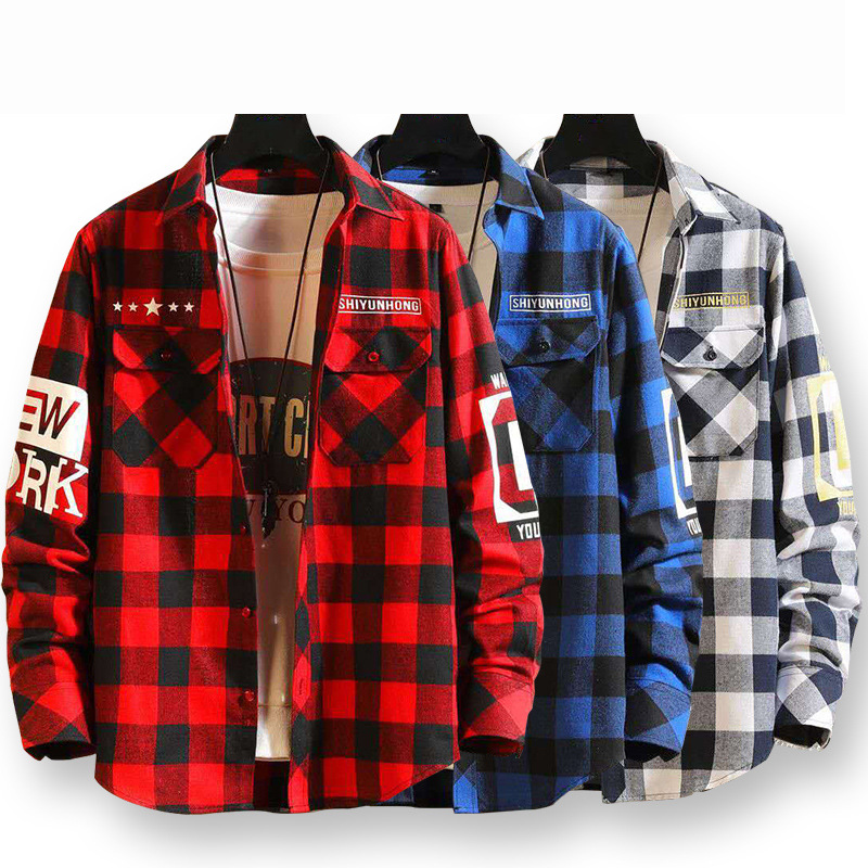 Youth Men&#039;s Clothing Wholesale Plaid Shirt Men&#039;s Long-Sleeve Shirt Men&#039;s Leisure Hong Kong Style Fashionable Print Shirt