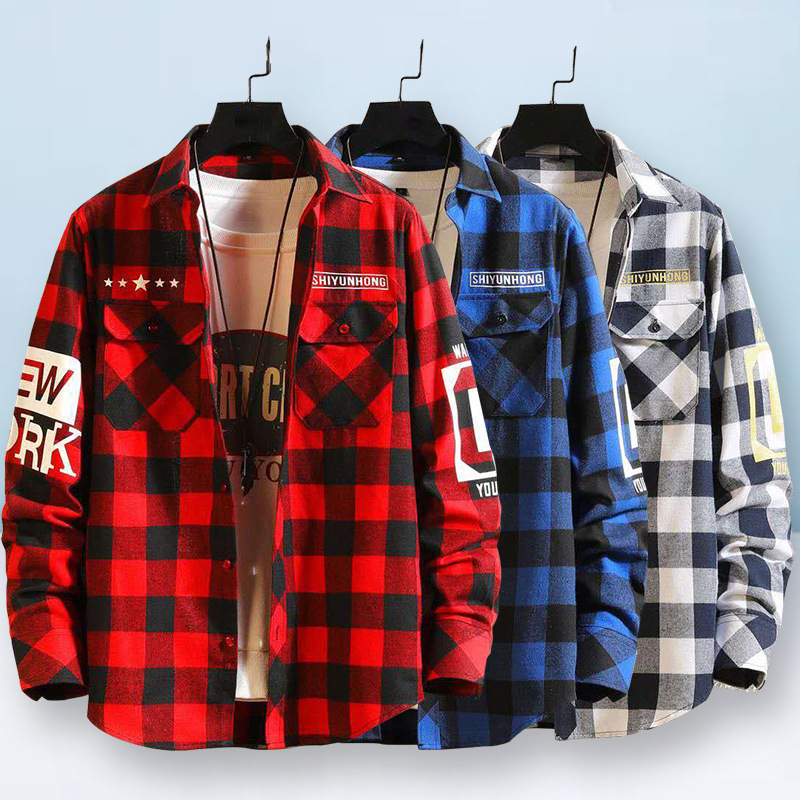 Youth Men&#039;s Clothing Wholesale Plaid Shirt Men&#039;s Long-Sleeve Shirt Men&#039;s Leisure Hong Kong Style Fashionable Print Shirt