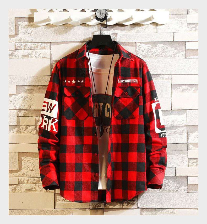 Youth Men's Clothing Wholesale Plaid Shirt Men's Long-Sleeve Shirt Men's Leisure Hong Kong Style Fashionable Print Shirt