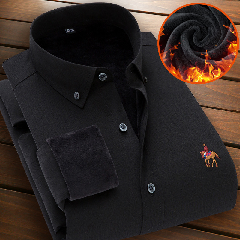 Fleece Warm Shirt Men&#039;s Long-Sleeved Bamboo Fiber Elastic Thickening Business Casual Shirt Non-Ironing Anti-Beating Solid Color Shirt