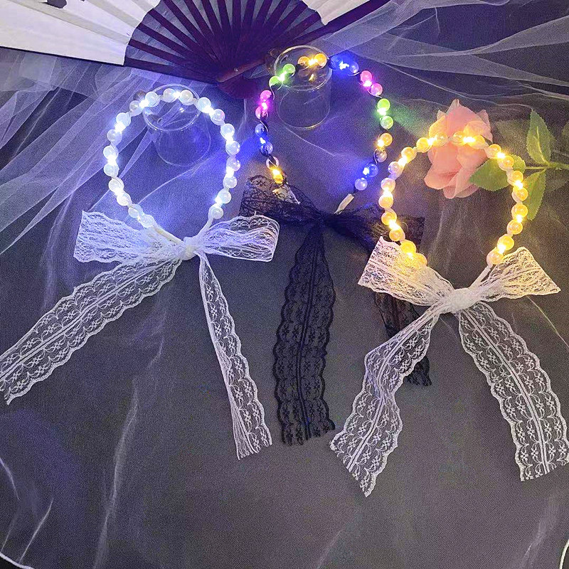 Internet Celebrity Fairy Luminous Headband Hair Band One-Piece Lace Women&#039;s Hair Tie Gentle Lace Pearls Strap Headdress Night Market Push