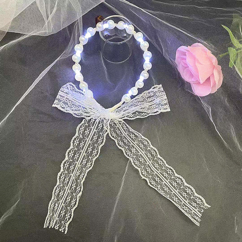 Internet Celebrity Fairy Luminous Headband Hair Band One-Piece Lace Women's Hair Tie Gentle Lace Pearls Strap Headdress Night Market Push