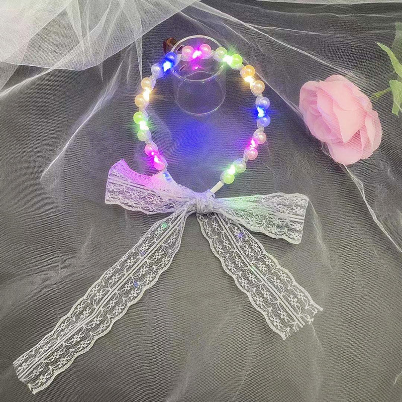 Internet Celebrity Fairy Luminous Headband Hair Band One-Piece Lace Women&#039;s Hair Tie Gentle Lace Pearls Strap Headdress Night Market Push