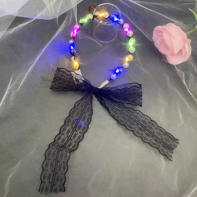 Internet Celebrity Fairy Luminous Headband Hair Band One-Piece Lace Women's Hair Tie Gentle Lace Pearls Strap Headdress Night Market Push