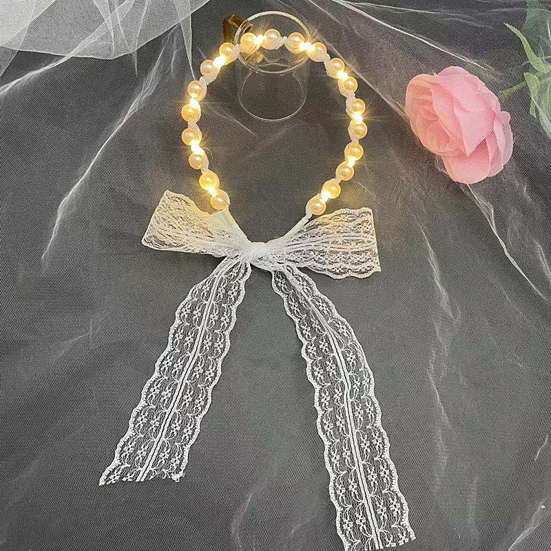 Internet Celebrity Fairy Luminous Headband Hair Band One-Piece Lace Women's Hair Tie Gentle Lace Pearls Strap Headdress Night Market Push