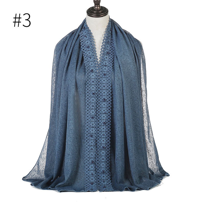 Cross-Border Wish New Linen Lace Edge Pearl Solid Color Women &#039;S Scarf Headcloth 11 Colors