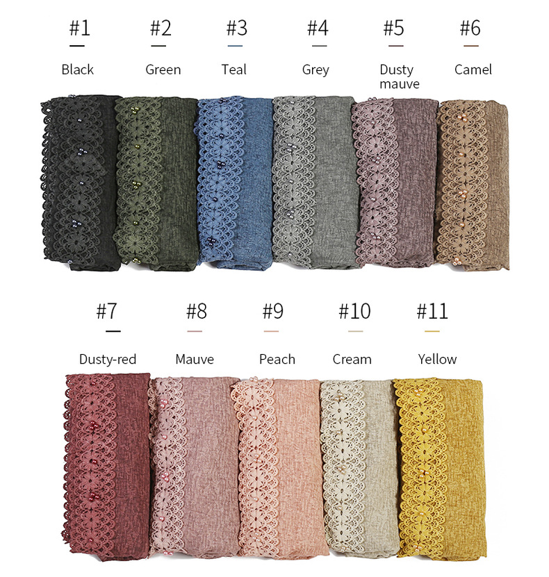 Cross-Border Wish New Linen Lace Edge Pearl Solid Color Women 'S Scarf Headcloth 11 Colors