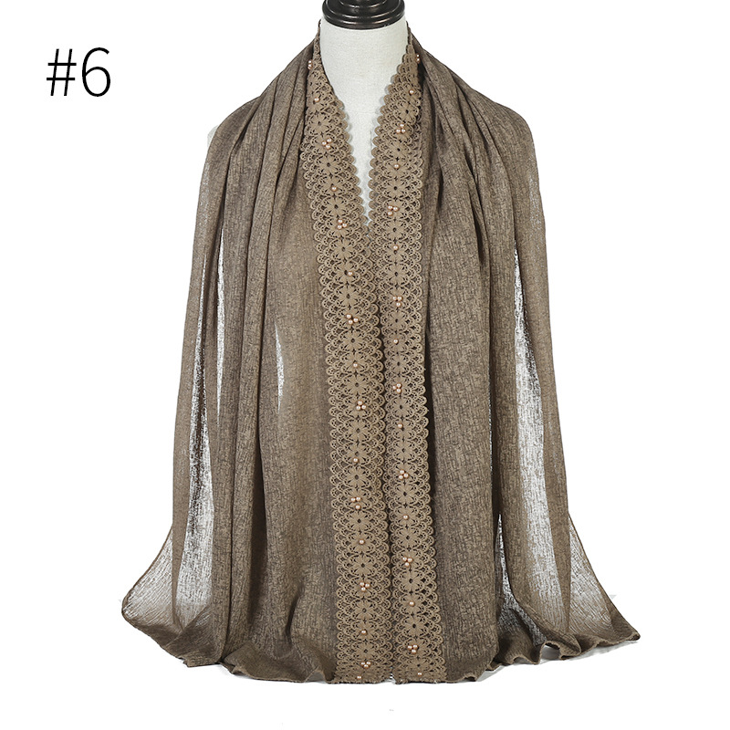 Cross-Border Wish New Linen Lace Edge Pearl Solid Color Women 'S Scarf Headcloth 11 Colors