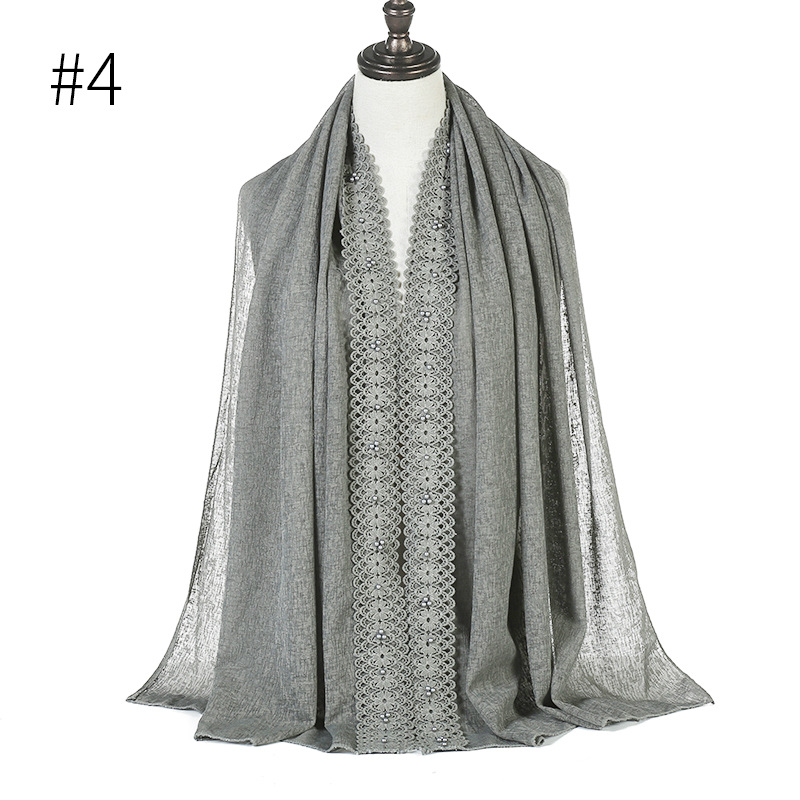 Cross-Border Wish New Linen Lace Edge Pearl Solid Color Women 'S Scarf Headcloth 11 Colors