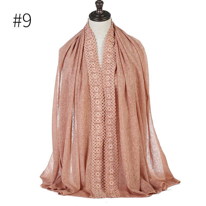 Cross-Border Wish New Linen Lace Edge Pearl Solid Color Women 'S Scarf Headcloth 11 Colors