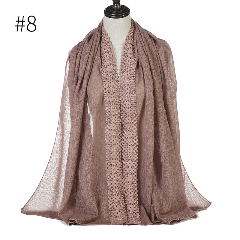 Cross-Border Wish New Linen Lace Edge Pearl Solid Color Women 'S Scarf Headcloth 11 Colors