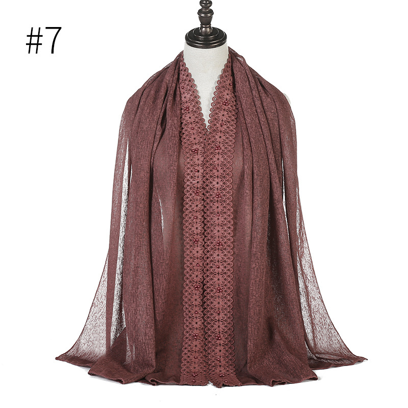 Cross-Border Wish New Linen Lace Edge Pearl Solid Color Women 'S Scarf Headcloth 11 Colors
