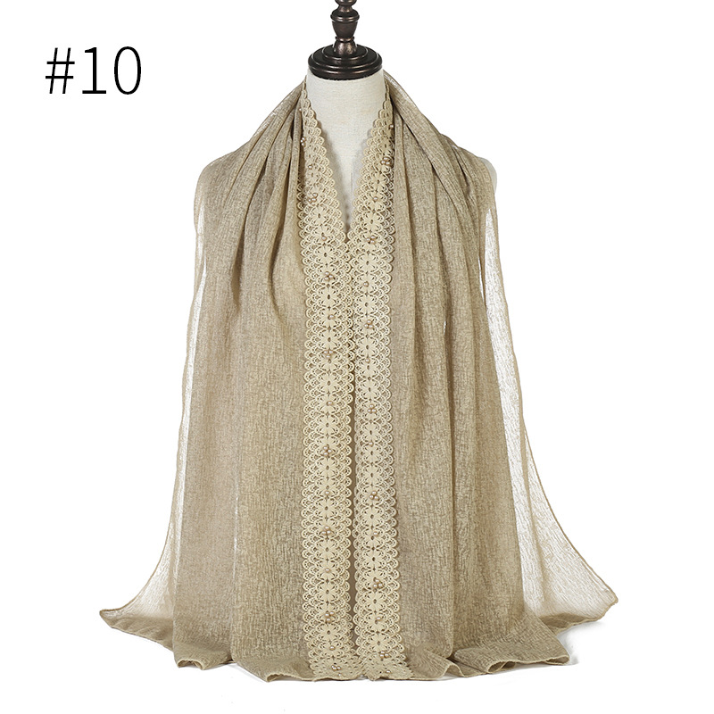 Cross-Border Wish New Linen Lace Edge Pearl Solid Color Women 'S Scarf Headcloth 11 Colors