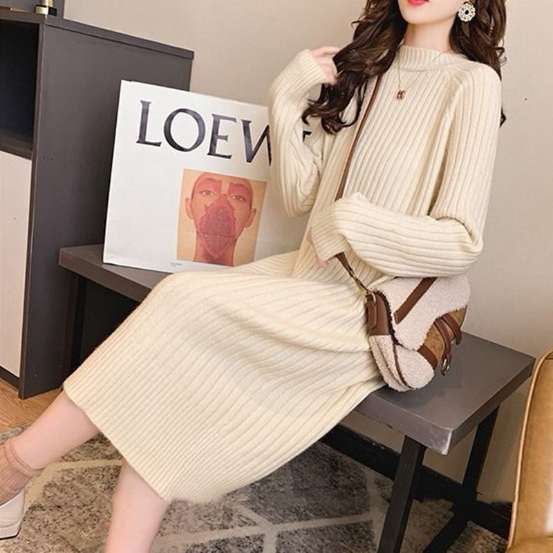 Women&#039;s round Neck Sweater Long below the Knee Loose Thick Pullover 2021 Autumn and Winter New Base Knitwear Dress