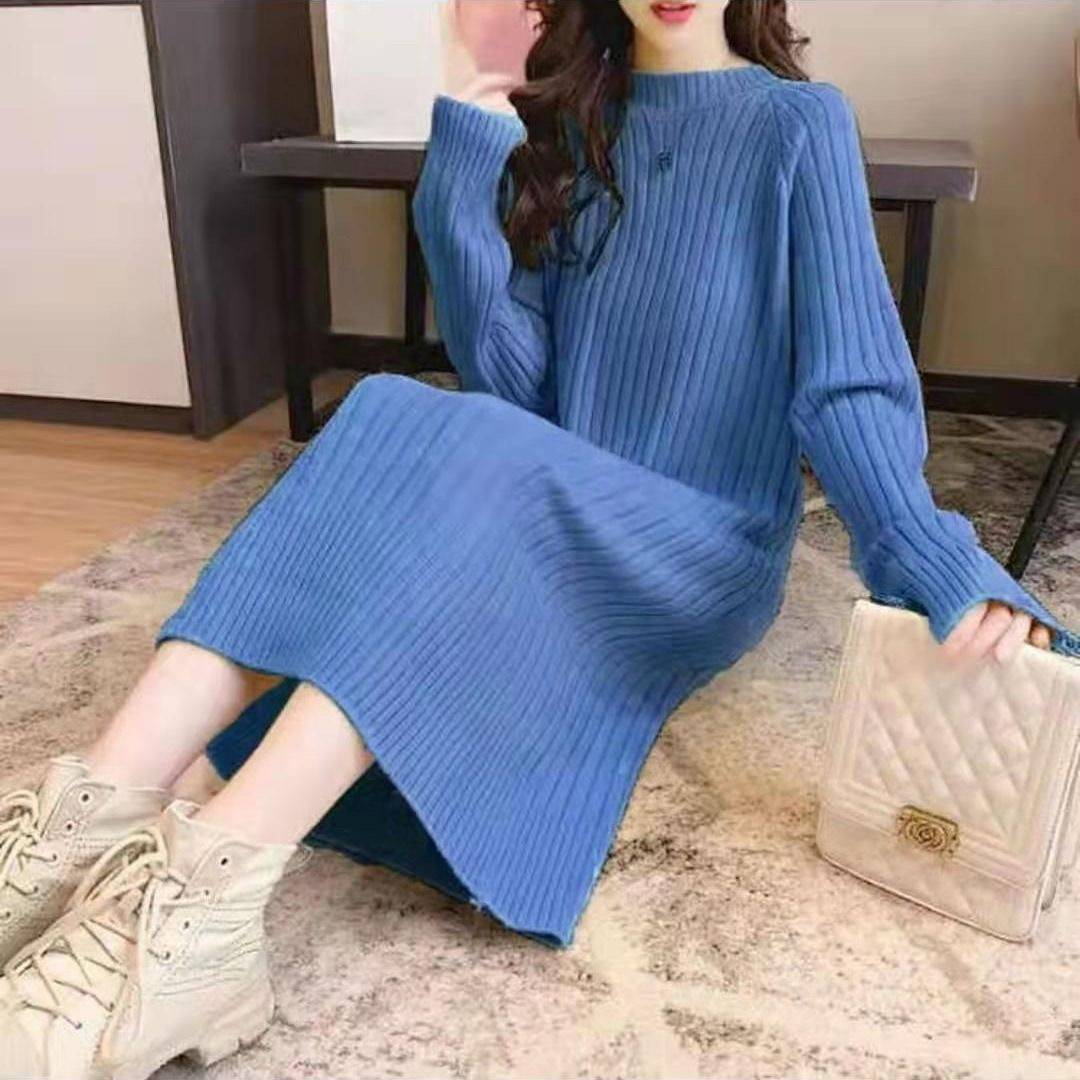 Women&#039;s round Neck Sweater Long below the Knee Loose Thick Pullover 2021 Autumn and Winter New Base Knitwear Dress