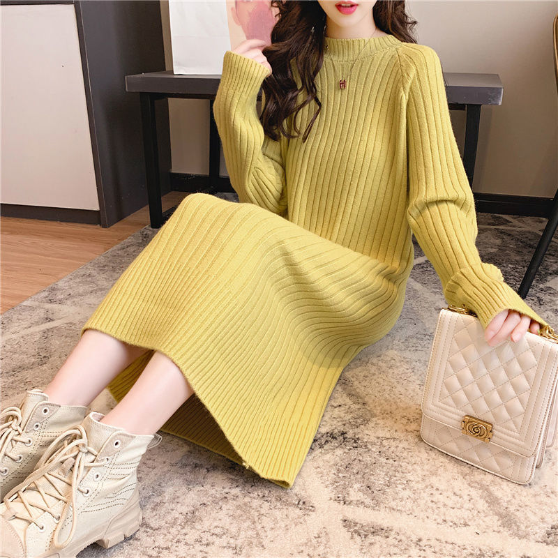 Women&#039;s round Neck Sweater Long below the Knee Loose Thick Pullover 2021 Autumn and Winter New Base Knitwear Dress