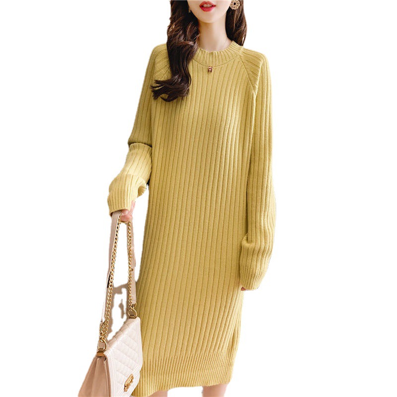 Women&#039;s round Neck Sweater Long below the Knee Loose Thick Pullover 2021 Autumn and Winter New Base Knitwear Dress