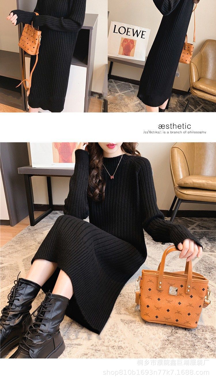 Women's round Neck Sweater Long below the Knee Loose Thick Pullover 2021 Autumn and Winter New Base Knitwear Dress Women's round Neck Sweater Long below the Knee Loose Thick Pullover 2021 Autumn and Winter New Base Knitwear Dress