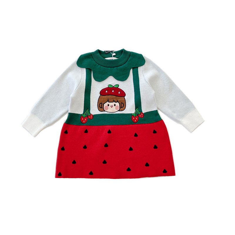 21 Autumn and Winter New Japanese Girl&#039;s Clothing Strawberry Fake Two-Piece Knitted Cute Sweet Dress Delivery Supported