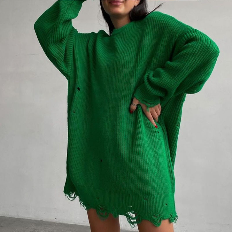 European and American Hot Autumn and Winter Long Sleeve round Neck Thick Needle Hem Irregular Sweater Knitted Dress