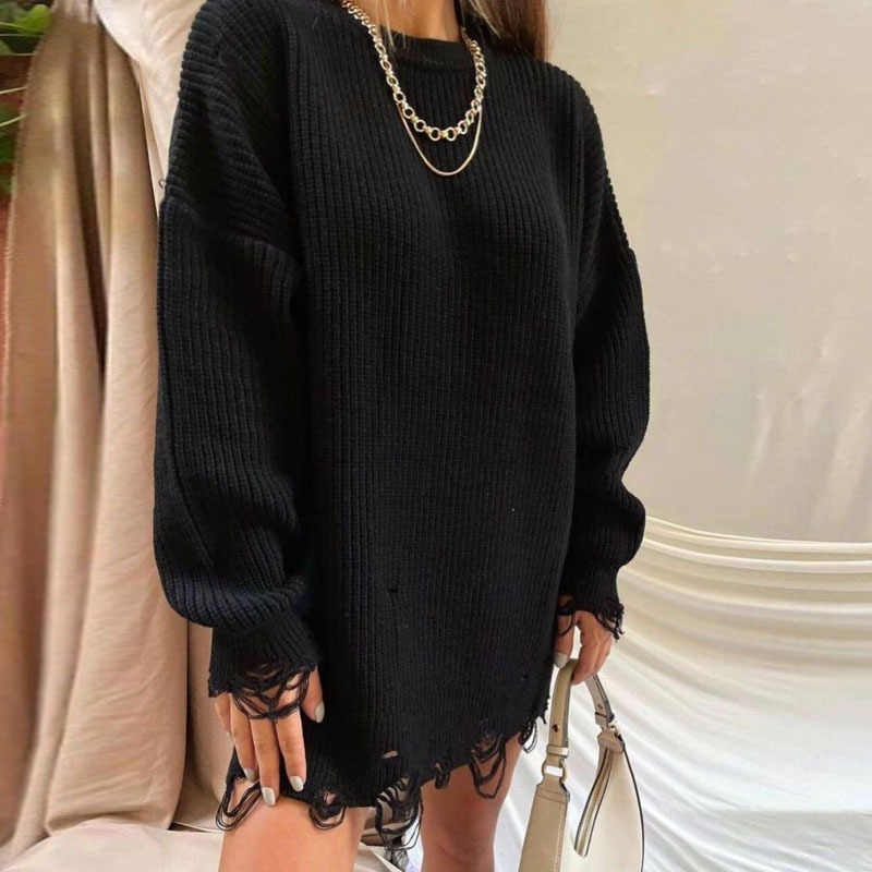 European and American Hot Autumn and Winter Long Sleeve round Neck Thick Needle Hem Irregular Sweater Knitted Dress