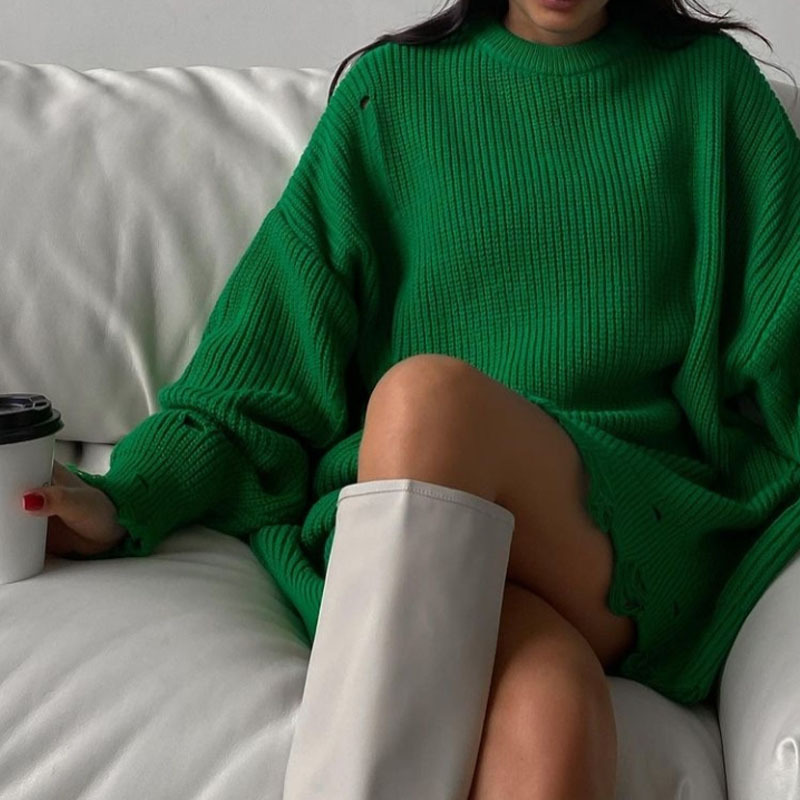 European and American Hot Autumn and Winter Long Sleeve round Neck Thick Needle Hem Irregular Sweater Knitted Dress European and American Hot Autumn and Winter Long Sleeve round Neck Thick Needle Hem Irregular Sweater Knitted Dress