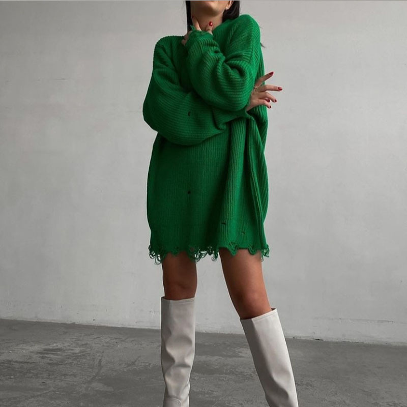 European and American Hot Autumn and Winter Long Sleeve round Neck Thick Needle Hem Irregular Sweater Knitted Dress European and American Hot Autumn and Winter Long Sleeve round Neck Thick Needle Hem Irregular Sweater Knitted Dress