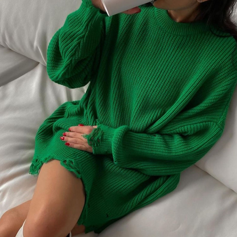 European and American Hot Autumn and Winter Long Sleeve round Neck Thick Needle Hem Irregular Sweater Knitted Dress European and American Hot Autumn and Winter Long Sleeve round Neck Thick Needle Hem Irregular Sweater Knitted Dress