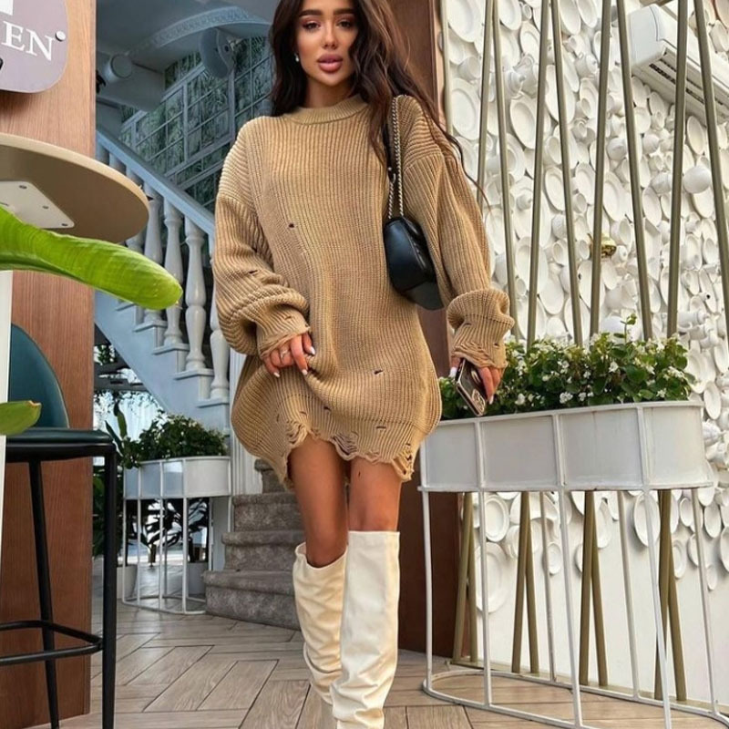 European and American Hot Autumn and Winter Long Sleeve round Neck Thick Needle Hem Irregular Sweater Knitted Dress