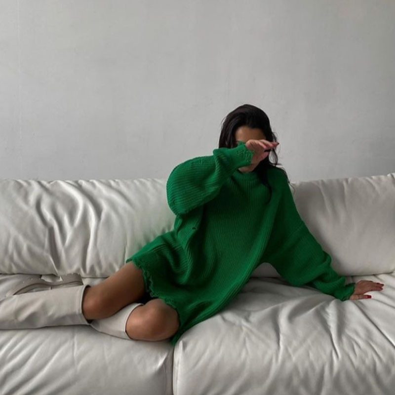 European and American Hot Autumn and Winter Long Sleeve round Neck Thick Needle Hem Irregular Sweater Knitted Dress European and American Hot Autumn and Winter Long Sleeve round Neck Thick Needle Hem Irregular Sweater Knitted Dress
