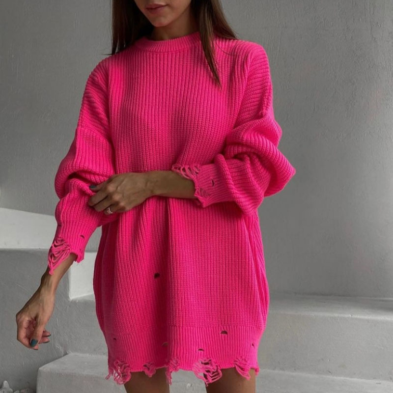 European and American Hot Autumn and Winter Long Sleeve round Neck Thick Needle Hem Irregular Sweater Knitted Dress European and American Hot Autumn and Winter Long Sleeve round Neck Thick Needle Hem Irregular Sweater Knitted Dress