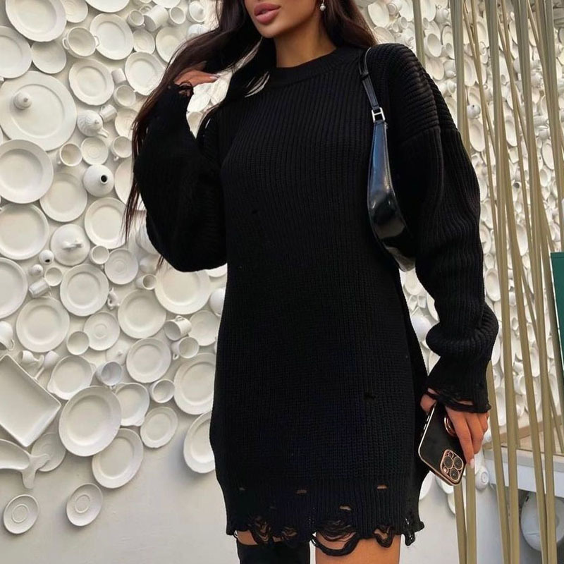 European and American Hot Autumn and Winter Long Sleeve round Neck Thick Needle Hem Irregular Sweater Knitted Dress European and American Hot Autumn and Winter Long Sleeve round Neck Thick Needle Hem Irregular Sweater Knitted Dress