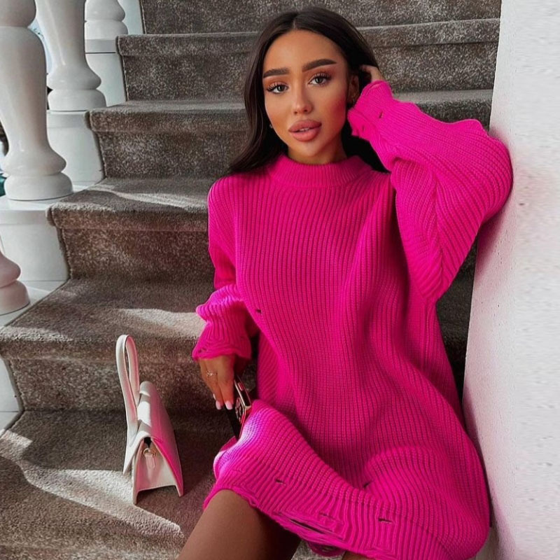 European and American Hot Autumn and Winter Long Sleeve round Neck Thick Needle Hem Irregular Sweater Knitted Dress European and American Hot Autumn and Winter Long Sleeve round Neck Thick Needle Hem Irregular Sweater Knitted Dress