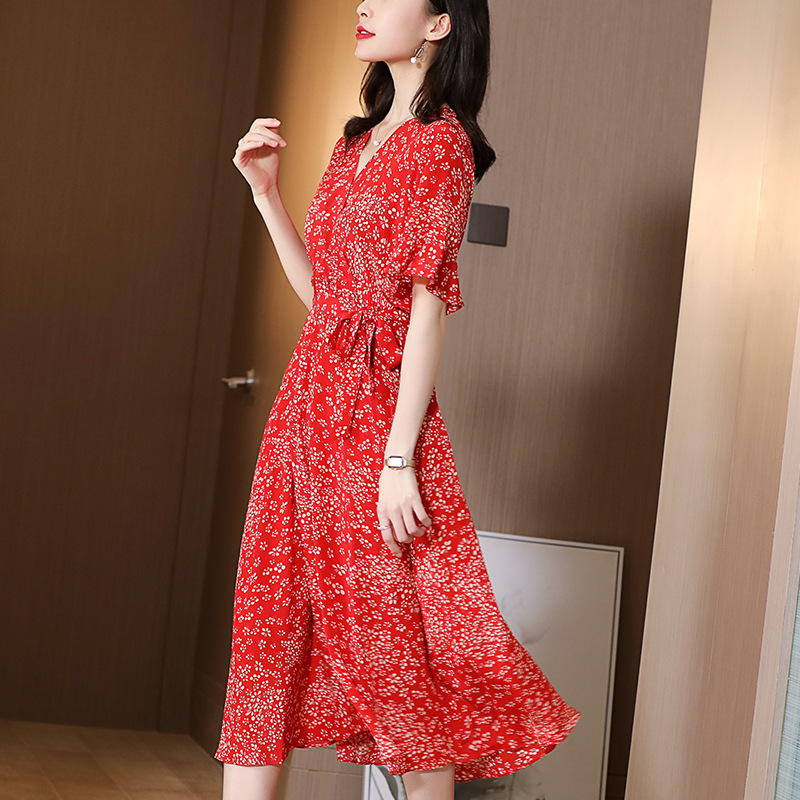 Heavy Silk Dress 2021 Summer New Mulberry Silk Red Small Floral Slim Fit Slimming A- line Skirt Midi Dress