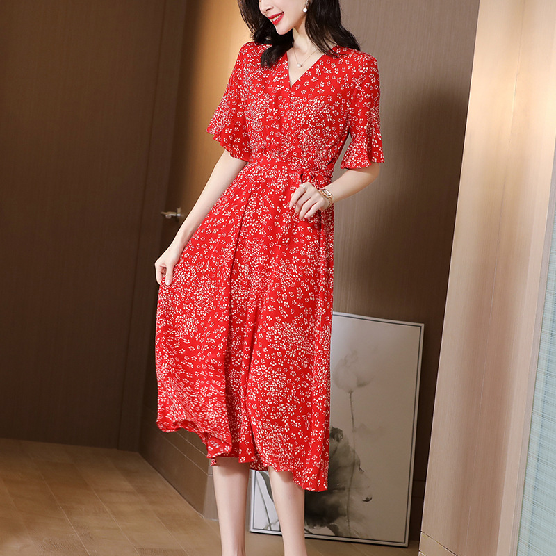 Heavy Silk Dress 2021 Summer New Mulberry Silk Red Small Floral Slim Fit Slimming A- line Skirt Midi Dress