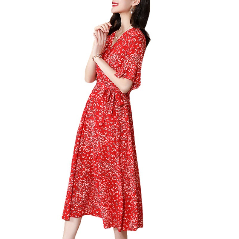 Heavy Silk Dress 2021 Summer New Mulberry Silk Red Small Floral Slim Fit Slimming A- line Skirt Midi Dress