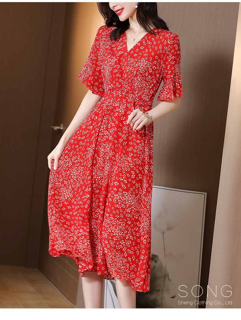 Heavy Silk Dress 2021 Summer New Mulberry Silk Red Small Floral Slim Fit Slimming A- line Skirt Midi Dress Heavy Silk Dress 2021 Summer New Mulberry Silk Red Small Floral Slim Fit Slimming A- line Skirt Midi Dress