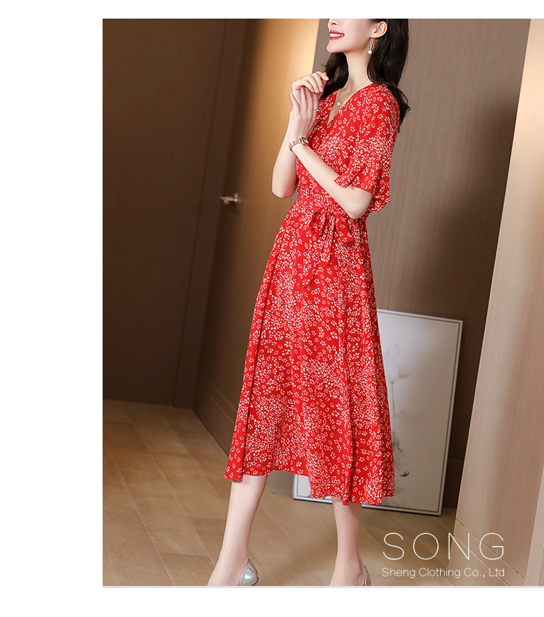 Heavy Silk Dress 2021 Summer New Mulberry Silk Red Small Floral Slim Fit Slimming A- line Skirt Midi Dress Heavy Silk Dress 2021 Summer New Mulberry Silk Red Small Floral Slim Fit Slimming A- line Skirt Midi Dress