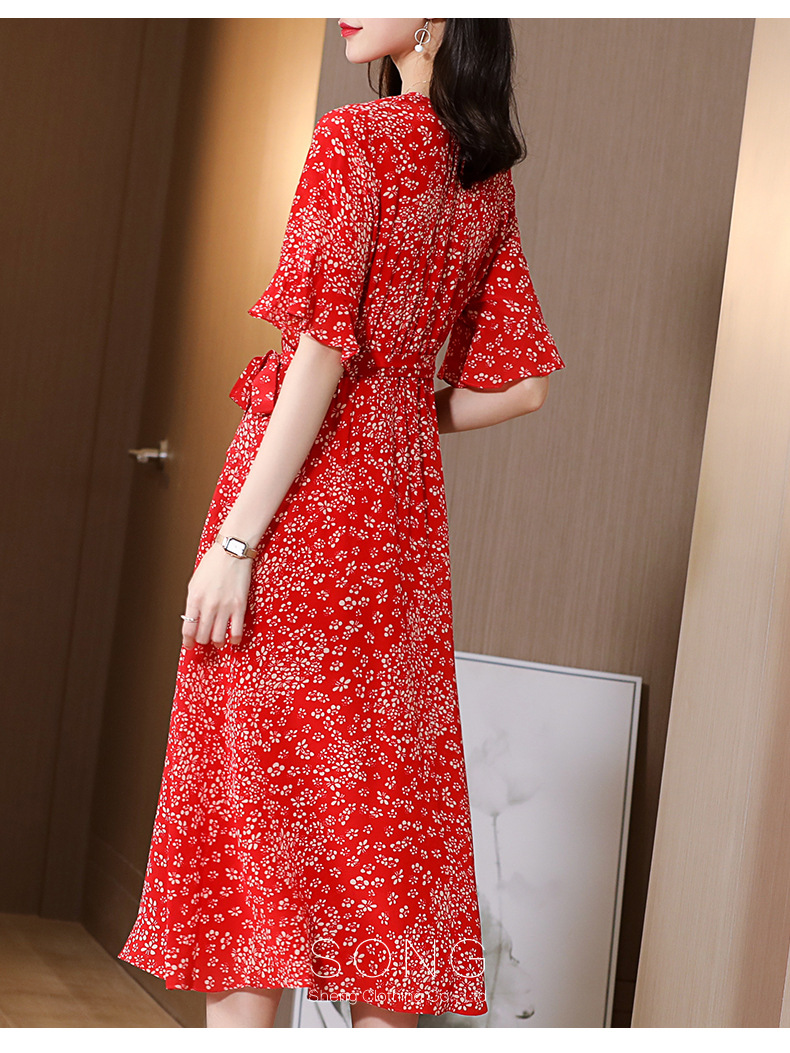 Heavy Silk Dress 2021 Summer New Mulberry Silk Red Small Floral Slim Fit Slimming A- line Skirt Midi Dress Heavy Silk Dress 2021 Summer New Mulberry Silk Red Small Floral Slim Fit Slimming A- line Skirt Midi Dress