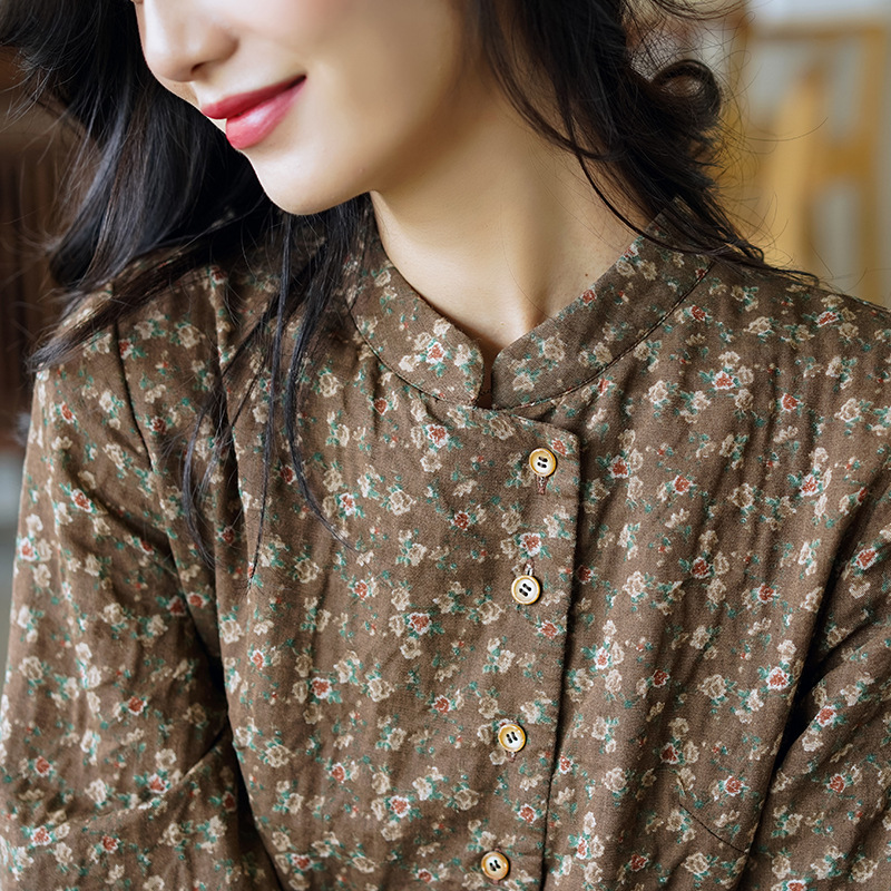Retro Women&#039;s Clothing 2021 New Long Sleeve Floral Dress Autumn and Winter Tight Waist Small Temperament A- line Dress Wholesale
